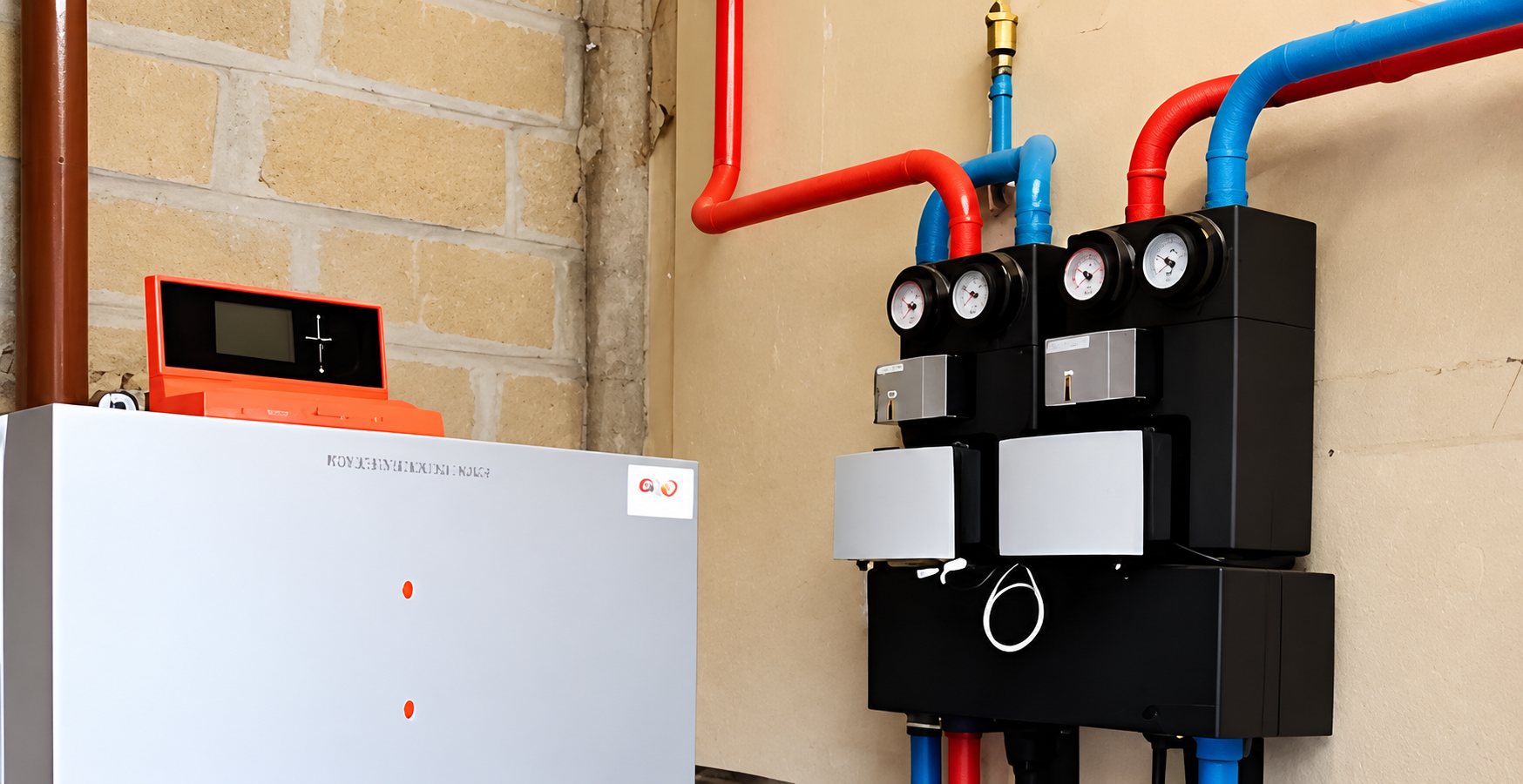 Une chaudière blanche à écran orange installée près de deux groupes de circulation noirs raccordés à des tuyaux rouges et bleus sur un mur de local technique.