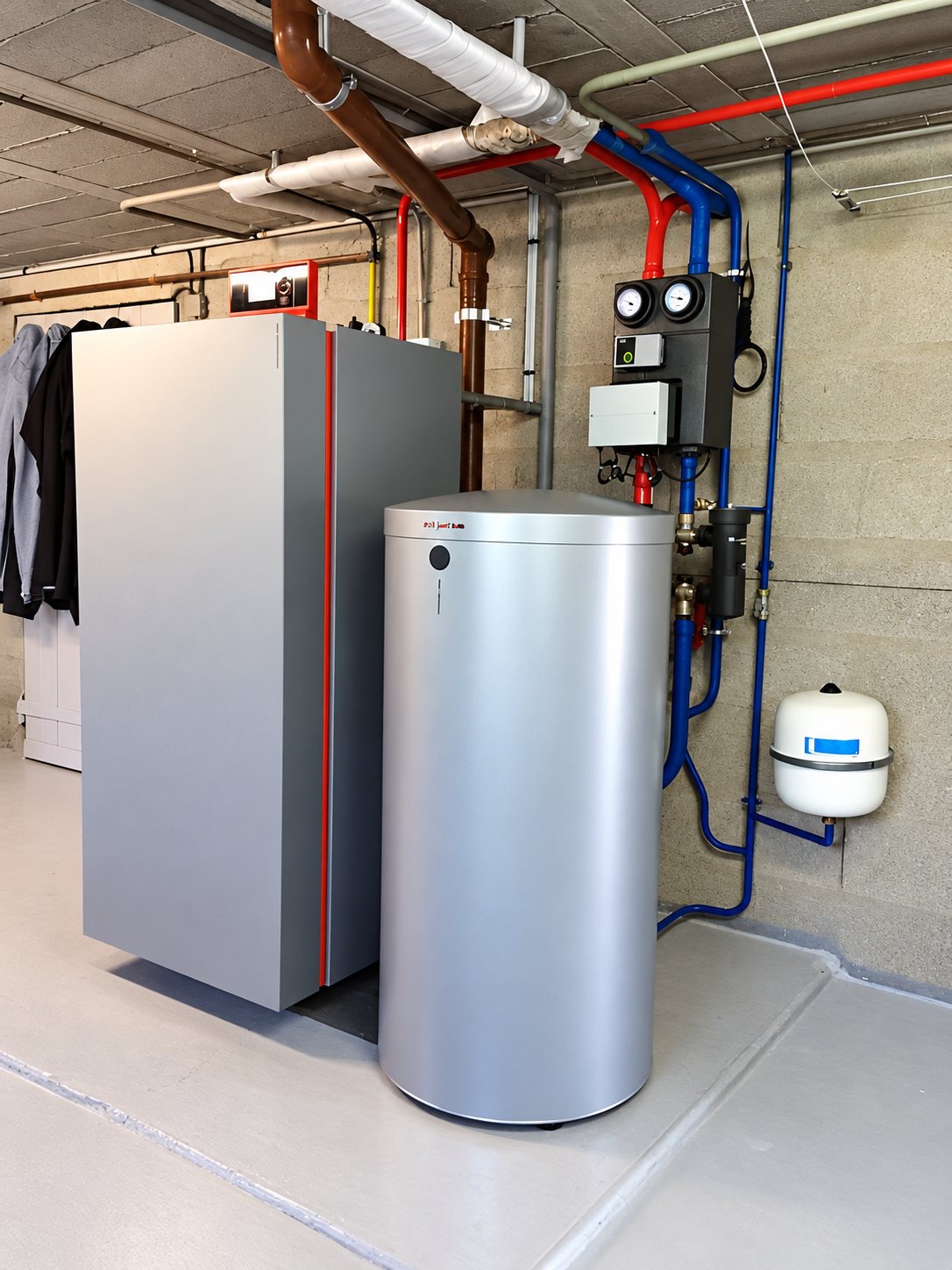 Dans un local technique en béton, une pompe à chaleur grise à liseré rouge est installée à côté d’un ballon d’eau chaude cylindrique, avec tuyauteries rouges et bleues et un vase d’expansion blanc.